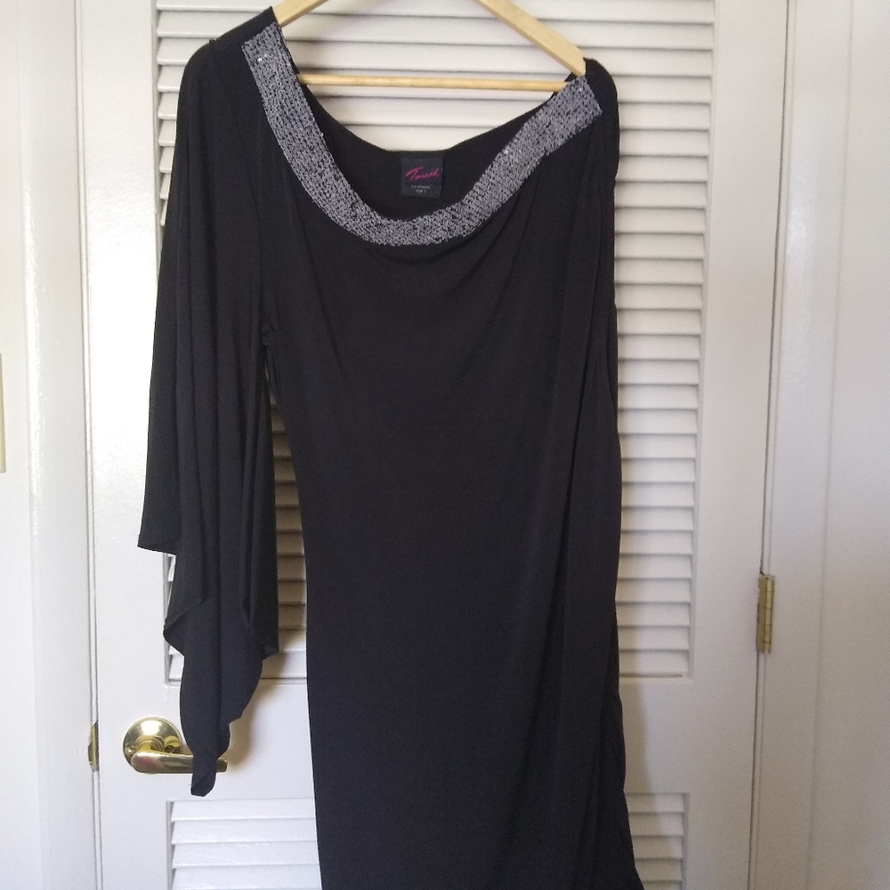 One shoulder black and silver sequin dress